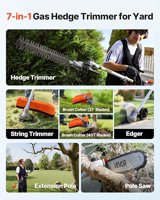 VEVOR 6-in-1 Multi-Functional Trimming Tools with Gas Hedge Trimmer, Summervibes,Summervibes, Weed Eater, String Trimmer, Brush Cutter, Edger & Pole Saw Chainsaw Pruner Whacker Shoulder