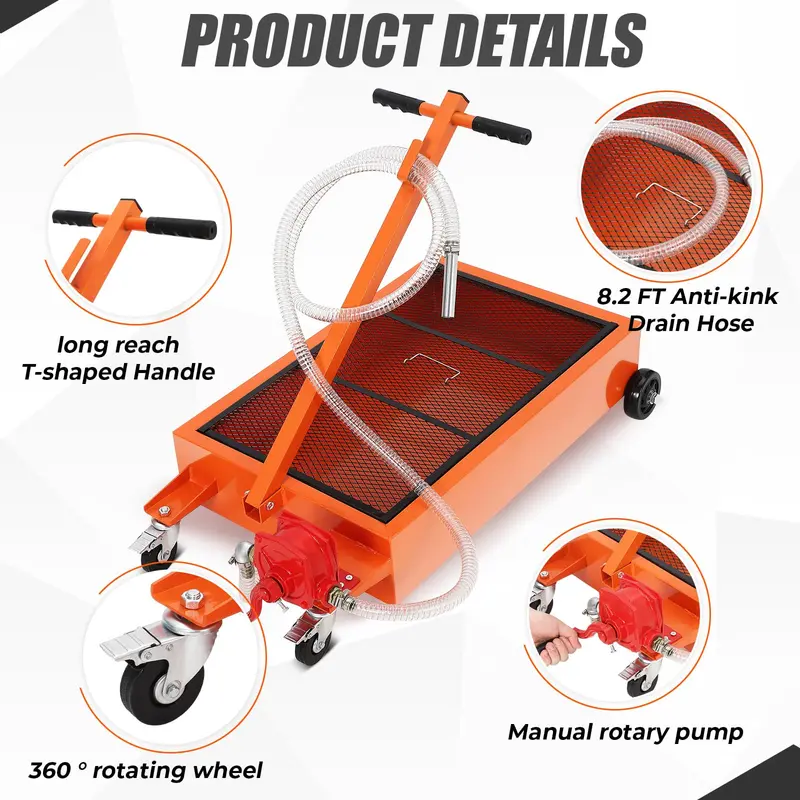 【GARVEE】Oil Drain Pan-20 Gallon and 15 Gallon Low Profile Options with Hand or Electric Pump, Includes 8ft Hose & Folding Handle, Perfect for Efficient Oil Draining in Cars, SUVs, and Trucks.