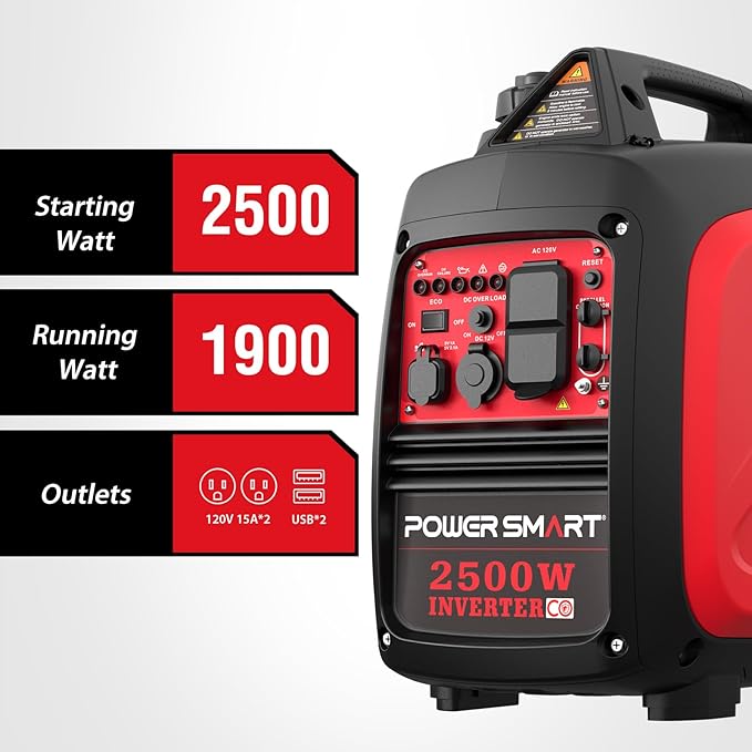 PowerSmart 2500 Watt Portable Inverter Generator, 79.8cc Gas Powered Engine with 5.5H Long Runtime