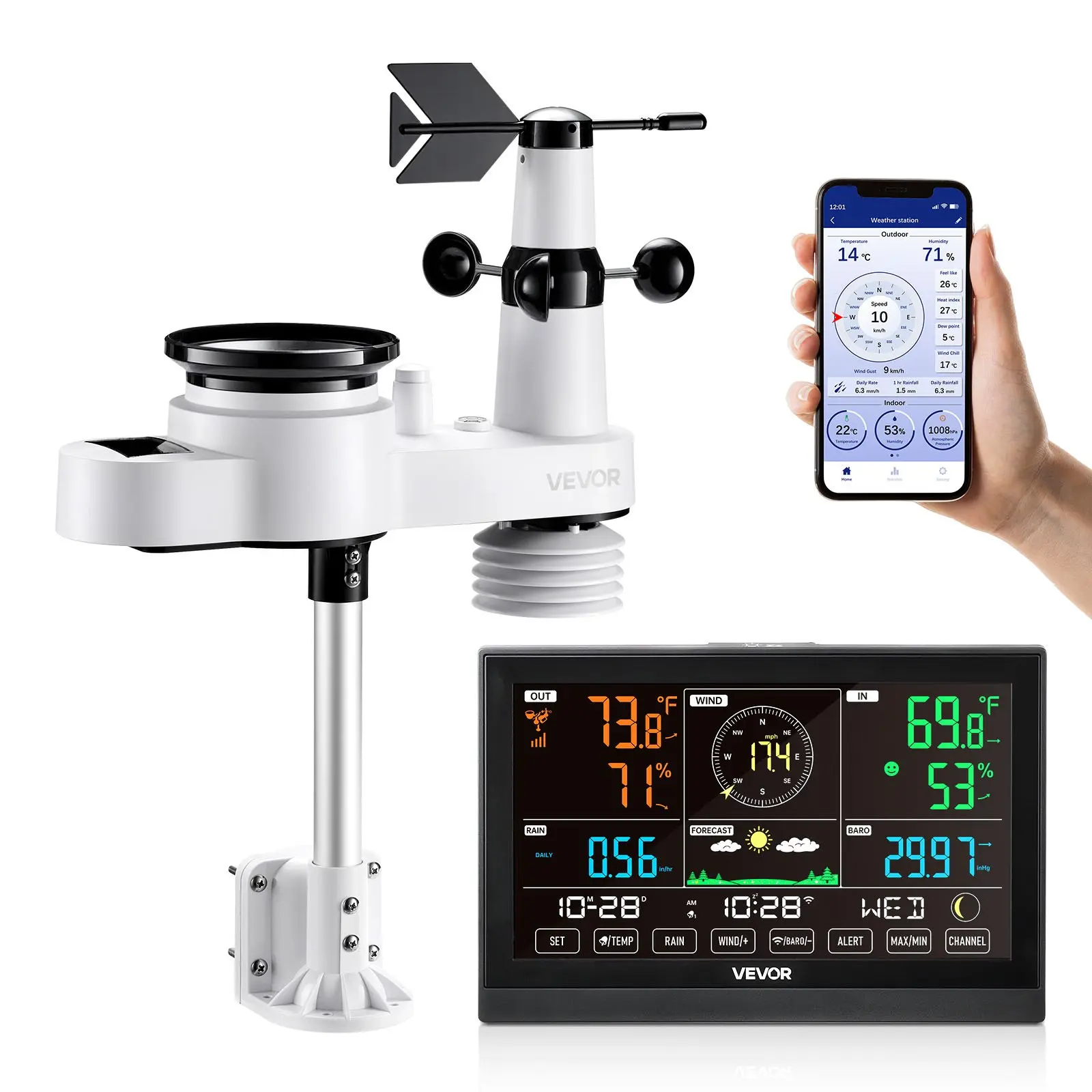 VEVOR 7-in-1 Wi-Fi Weather Station with Outdoor Sensor & Color Display