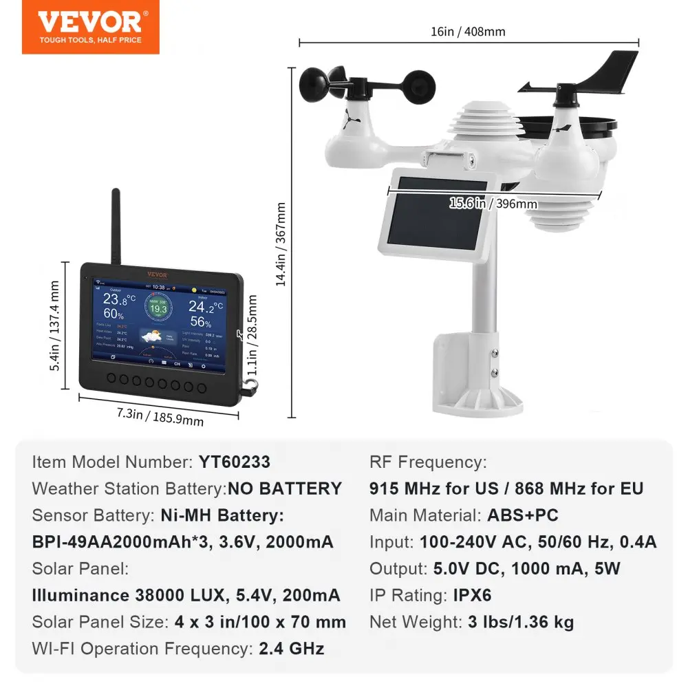 VEVOR 7-in-1 Wi-Fi Weather Station with Outdoor Sensor & Color Display