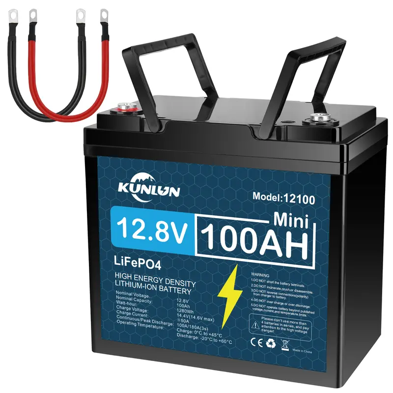 KUNLUN 12V 100Ah LiFePO4 High Capacity Battery Model 12100 - 100A Smart BMS, 5000+ Cycles, 1280Wh Energy, Maintenance-Free Rechargeable Off Grid Supplies for RV, Outdoor Emergency Use & Portable Power Station Accessory
