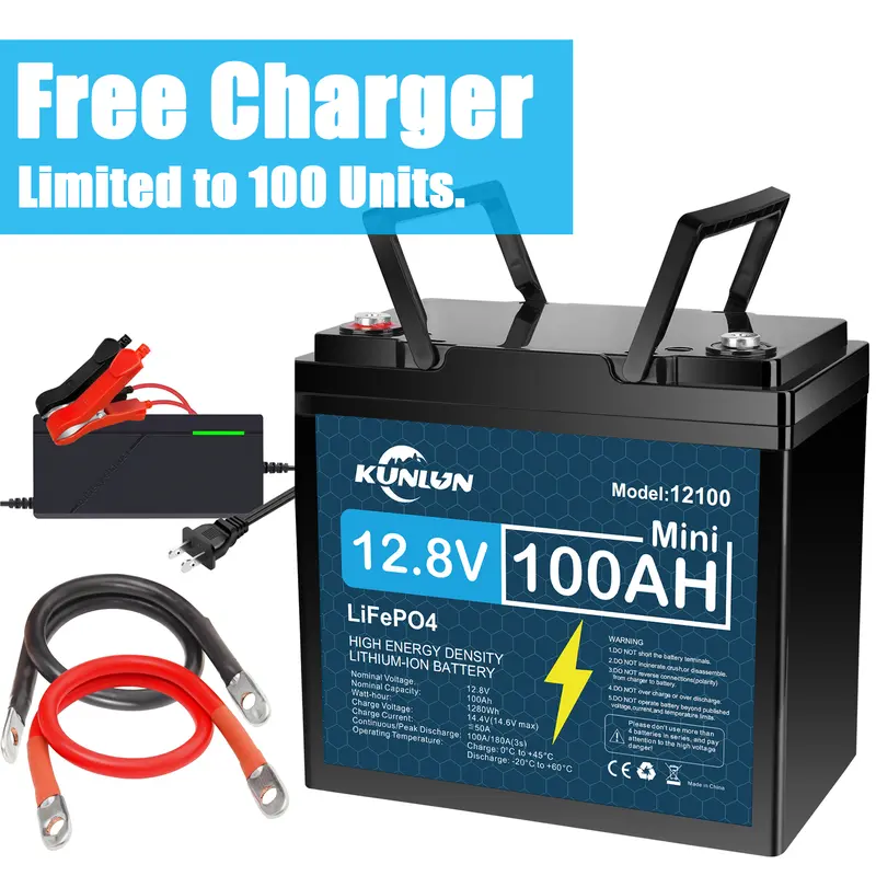 KUNLUN 12V 100Ah LiFePO4 High Capacity Battery Model 12100 - 100A Smart BMS, 5000+ Cycles, 1280Wh Energy, Maintenance-Free Rechargeable Off Grid Supplies for RV, Outdoor Emergency Use & Portable Power Station Accessory