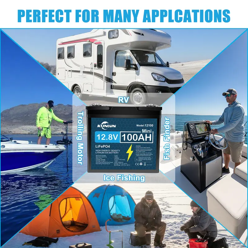KUNLUN 12V 100Ah LiFePO4 High Capacity Battery Model 12100 - 100A Smart BMS, 5000+ Cycles, 1280Wh Energy, Maintenance-Free Rechargeable Off Grid Supplies for RV, Outdoor Emergency Use & Portable Power Station Accessory