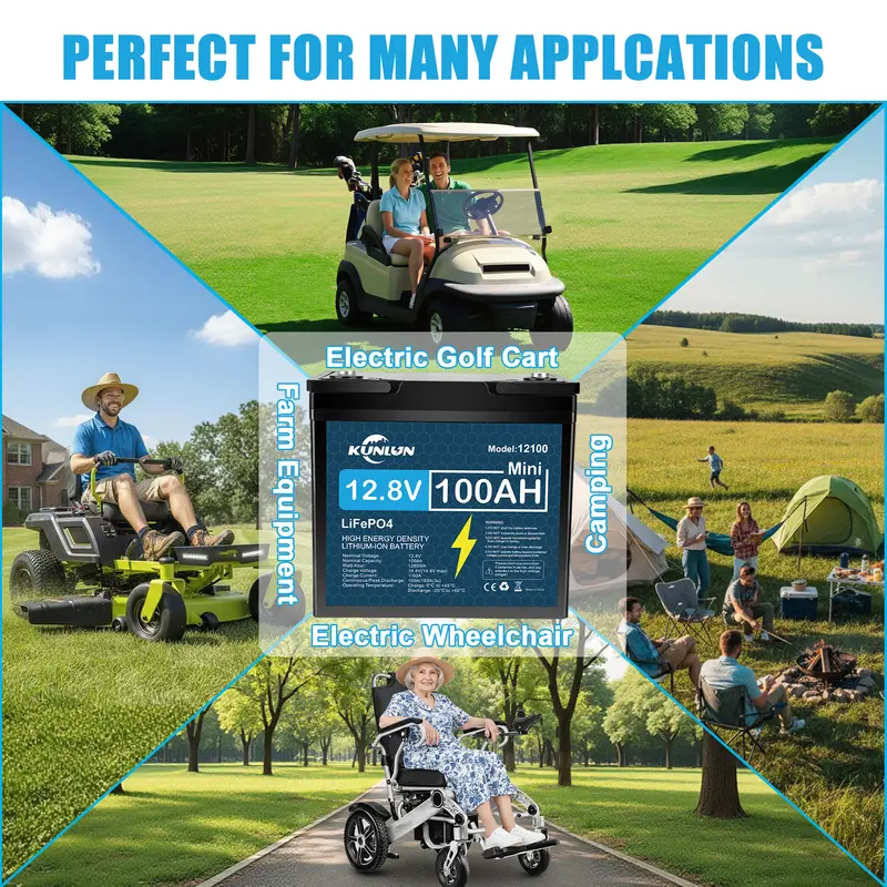KUNLUN 12V 100Ah LiFePO4 High Capacity Battery Model 12100 - 100A Smart BMS, 5000+ Cycles, 1280Wh Energy, Maintenance-Free Rechargeable Off Grid Supplies for RV, Outdoor Emergency Use & Portable Power Station Accessory