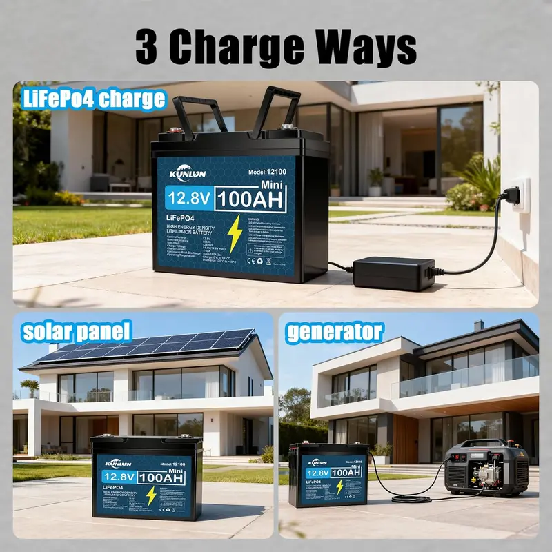 KUNLUN 12V 100Ah LiFePO4 High Capacity Battery Model 12100 - 100A Smart BMS, 5000+ Cycles, 1280Wh Energy, Maintenance-Free Rechargeable Off Grid Supplies for RV, Outdoor Emergency Use & Portable Power Station Accessory