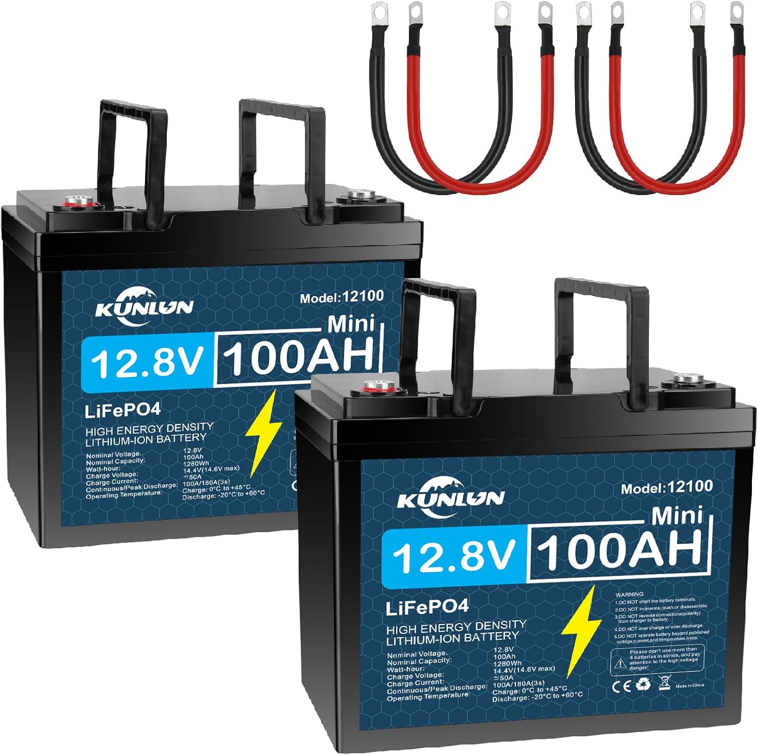 KUNLUN 12V 100Ah LiFePO4 High Capacity Battery Model 12100 - 100A Smart BMS, 5000+ Cycles, 1280Wh Energy, Maintenance-Free Rechargeable Off Grid Supplies for RV, Outdoor Emergency Use & Portable Power Station Accessory