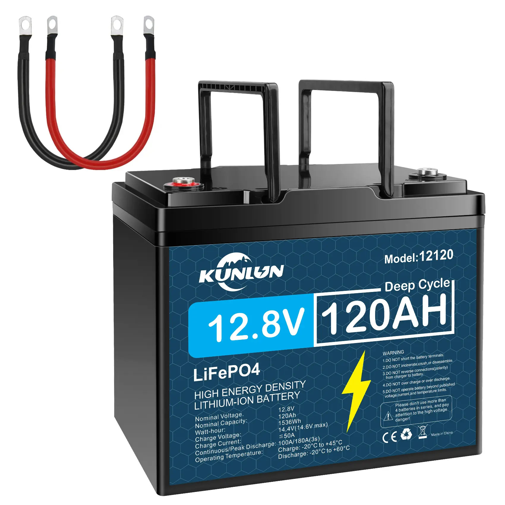 KUNLUN 12V 100Ah LiFePO4 High Capacity Battery Model 12100 - 100A Smart BMS, 5000+ Cycles, 1280Wh Energy, Maintenance-Free Rechargeable Off Grid Supplies for RV, Outdoor Emergency Use & Portable Power Station Accessory
