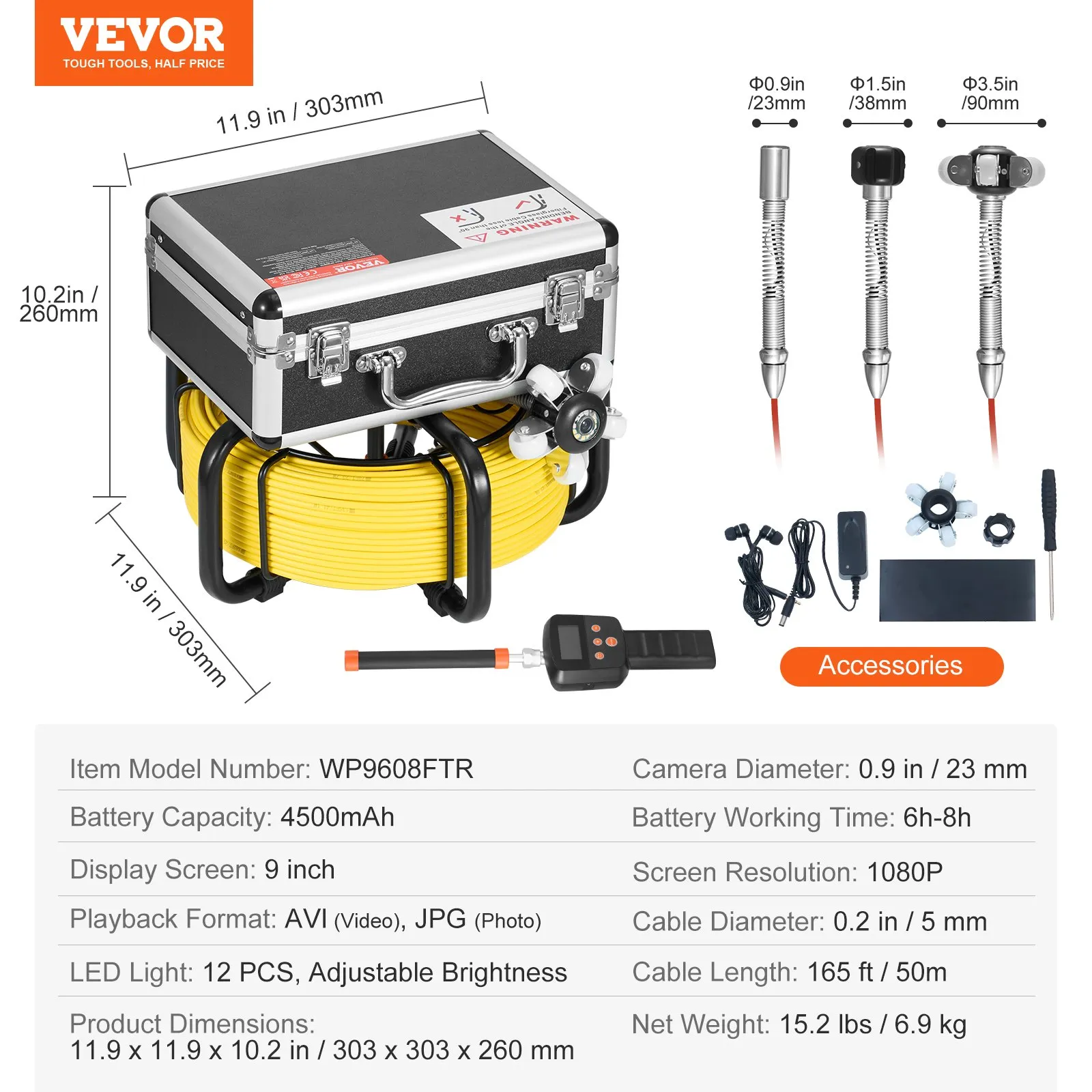 VEVOR 165FT HD Sewer Inspection Camera with 512Hz Locator & 9" Monitor