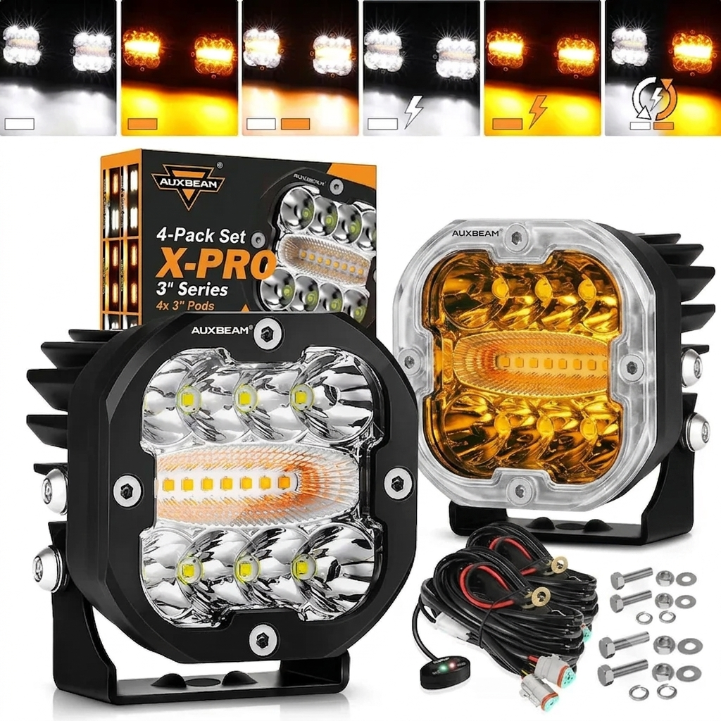 AUXBEAM LED Pods Light Offroad Driving Work Lights, X-PRO 3" 96W 6 Modes Dual Color Spot Flood Combo or V-ULTRA 5" 172W Side Shooter with Amber DRL, IP68 Waterproof for Trucks Jeep, 2PCS