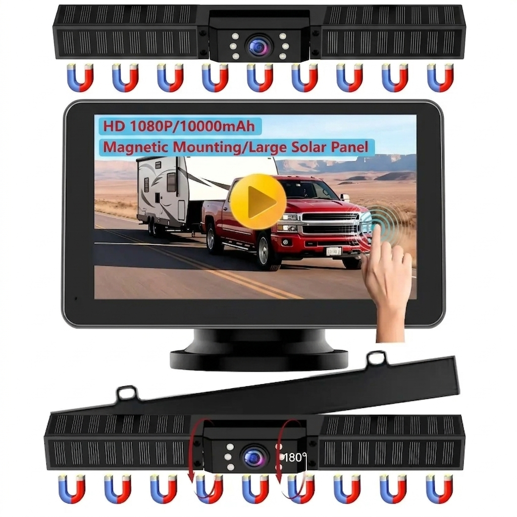Magnetic Solar Wireless Backup Camera with 5-inch HD Monitor,1080P Rear View for 