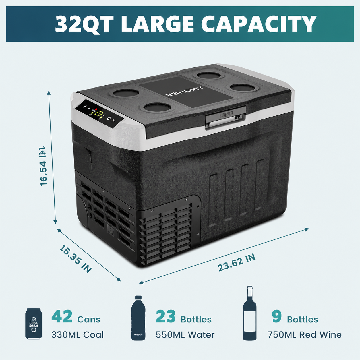 Euhomy 22QT 12V Portable Car Refrigerator with Digital Control & Cup Holders