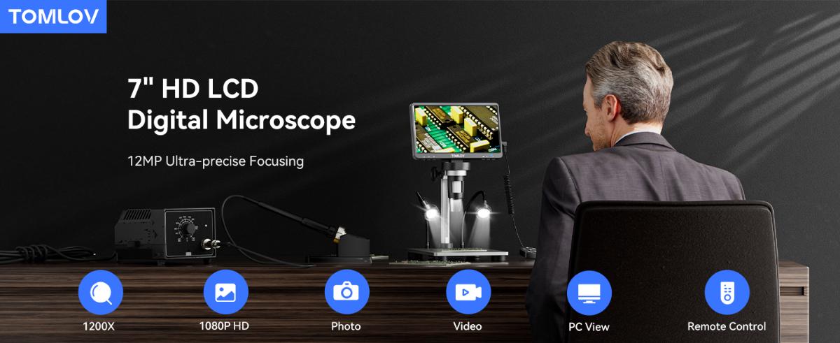 TOMLOV DM9 7" LCD Digital Microscope 1200X 1080P Coin Microscope Magnifier, 12MP Ultra-Precise Focusing Soldering Microscope for Adult, PC View, 32GB