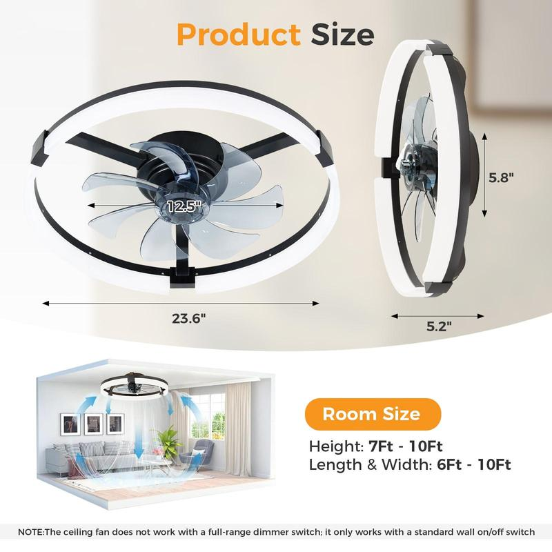 Modern Low Profile Ceiling Fan with Light | Smart Bladeless Flush Mount Fandelier with Remote & App Control