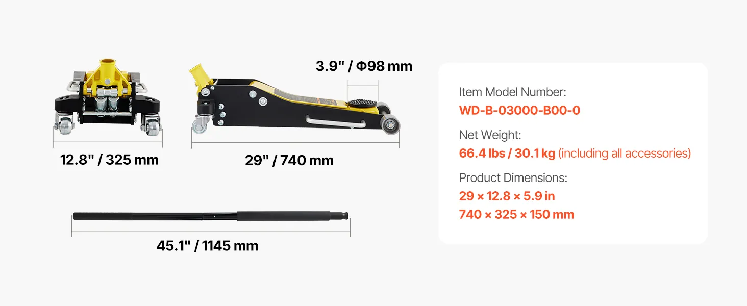 VEVOR racing floor jack, capacity 6600 lbs, min height 3.54", max height 19.68", handle length 45".