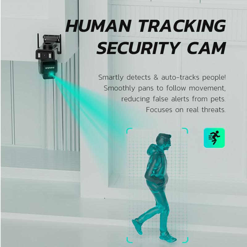 Dual-Lens Solar Security Camera Outdoor, 1080P Wireless WiFi CCTV with Auto Tracking, Color Night Vision, PIR Motion Detection & 2-Way Audio