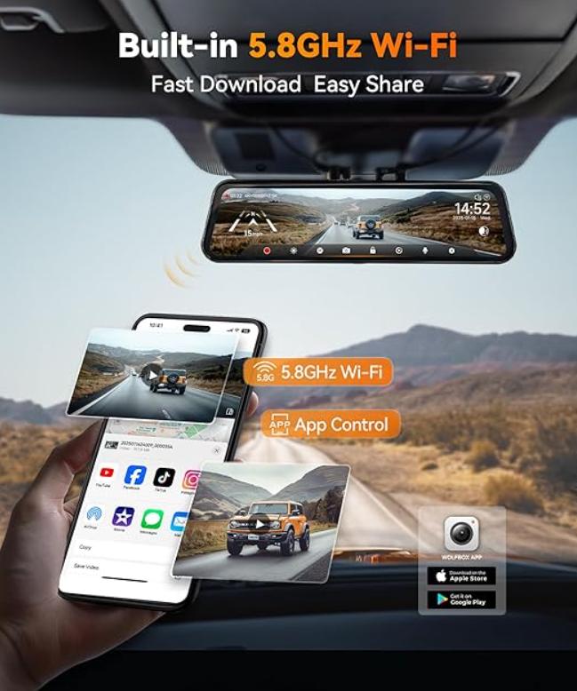 WOLFBOX G900 PRO Mirror Dash Cam with STARVIS 2 IMX678 128GB Card 5.8GHz WiFi 4K Front 2.5K Rear Video TikTokShopHolidayHaul Dashcam for Cars WOLFBOX G900 PRO Mirror Dash Cam with STARVIS 2 IMX678 128GB Card 5.8GHz WiFi 4K Front 2.5K Rear Video TikTokShopHolidayHaul Dashcam for Cars