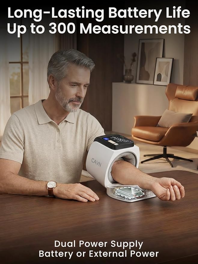 CAVN home blood pressure monitor featuring an arm-band design (no need to wrap a cuff)