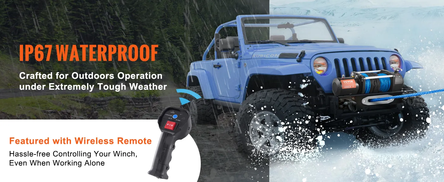 off-road vehicle using VEVOR electric winch with wireless remote in tough, waterproof conditions.