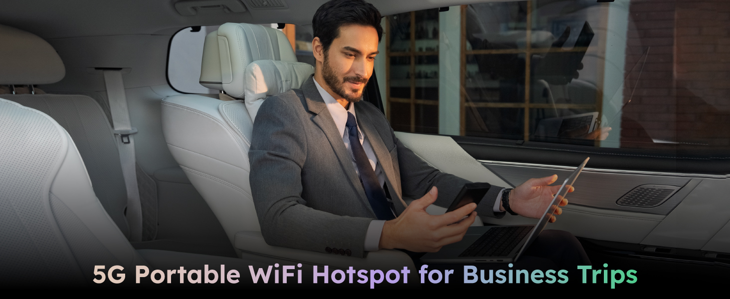Businessman in suit using a tablet inside a vehicle. Text overlay mentions '5G Portable WiFi Hotspot for Business Trips', indicating the product's function.