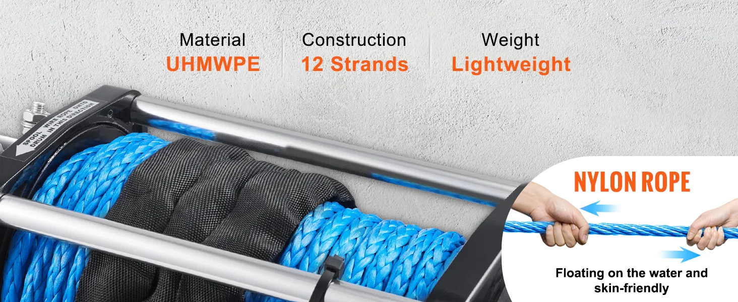 VEVOR electric winch with blue uhmwpe 12-strand rope, highlighting its lightweight and floatable nylon rope.