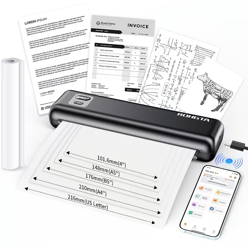 Wireless A4 Thermal Printer - Portable, Inkless, Compatible with Phone, Android