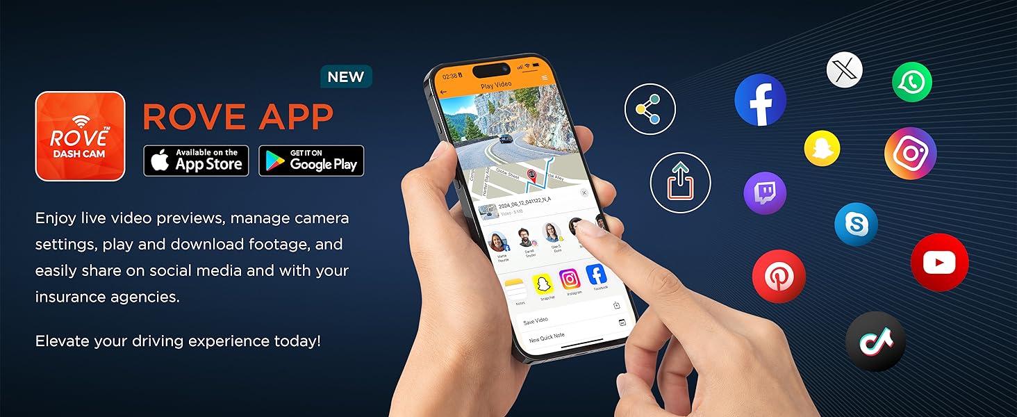 dash cam with app, rove dash cam app, dash cam front and rear