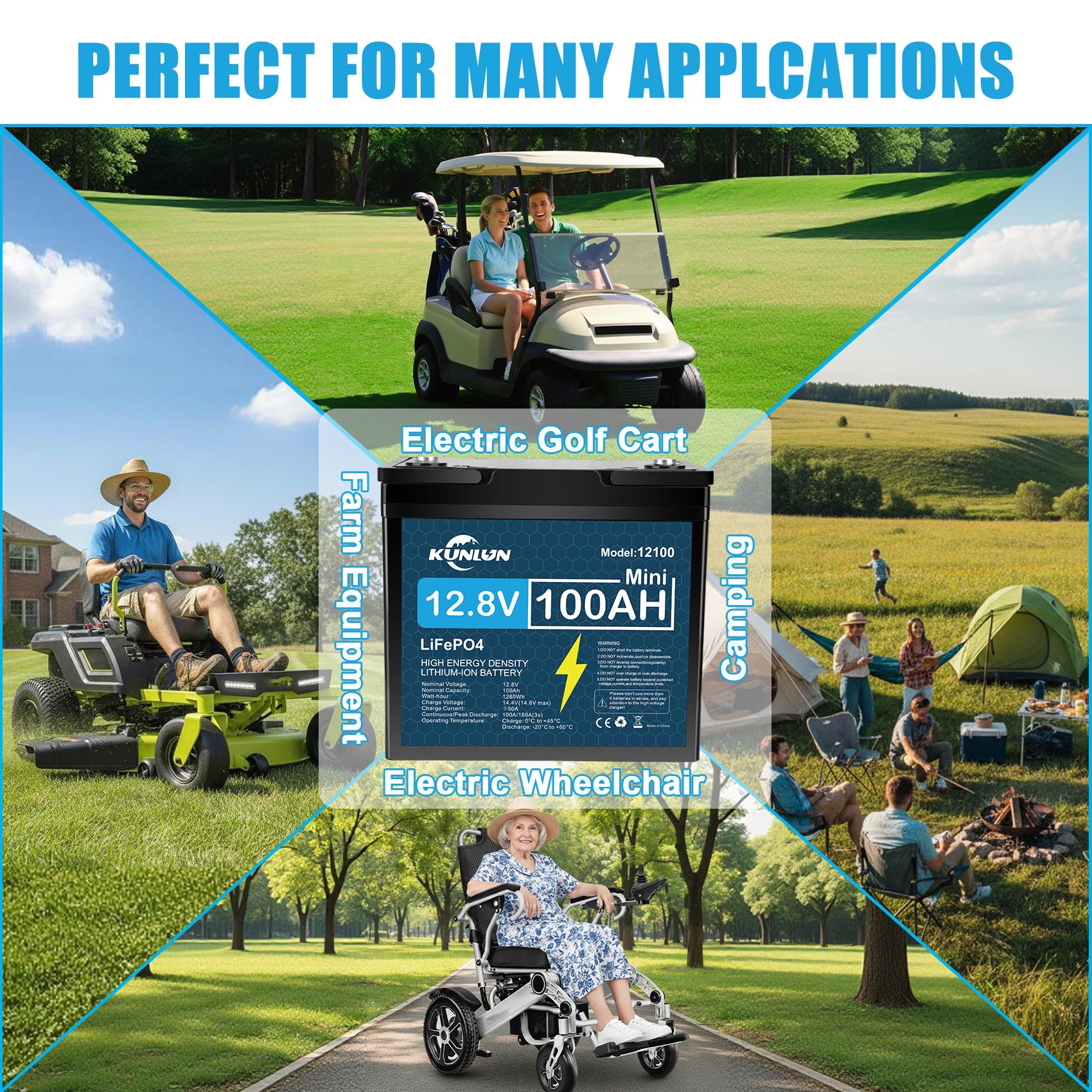 KUNLUN 12V 100Ah LiFePO4 High Capacity Battery Model 12100 - 100A Smart BMS, 5000+ Cycles, 1280Wh Energy, Maintenance-Free Rechargeable Off Grid Supplies for RV, Outdoor Emergency Use & Portable Power Station Accessory