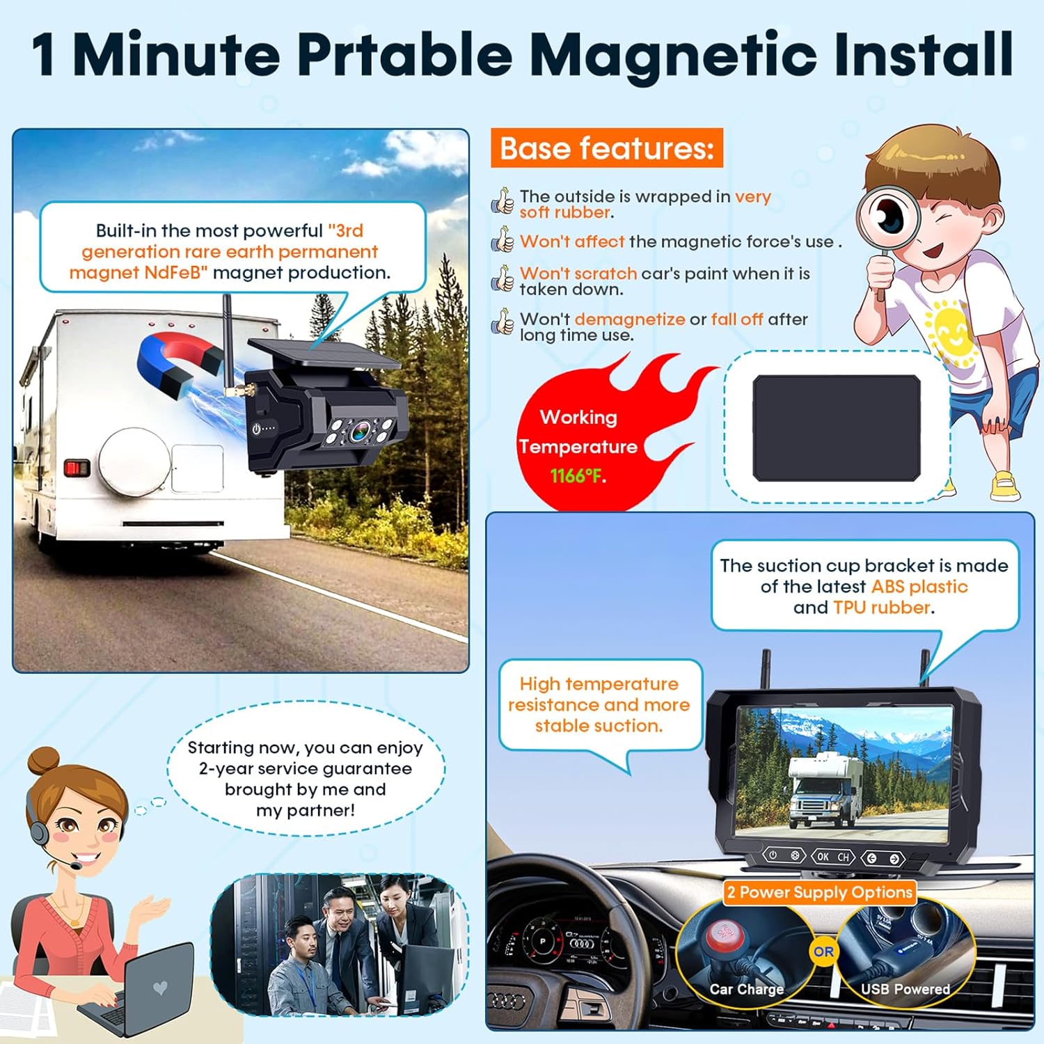 💥Today Only⚡Magnetic Solar Wireless Backup Camera: 7" Portable 1 Min Easy Install
