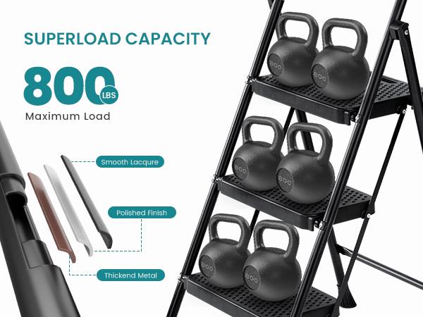Step Ladder, Foldable Stool with Wide Pedal, Cushioned Handle, 800lbs Capacity for Home Kitchen and Outdoor