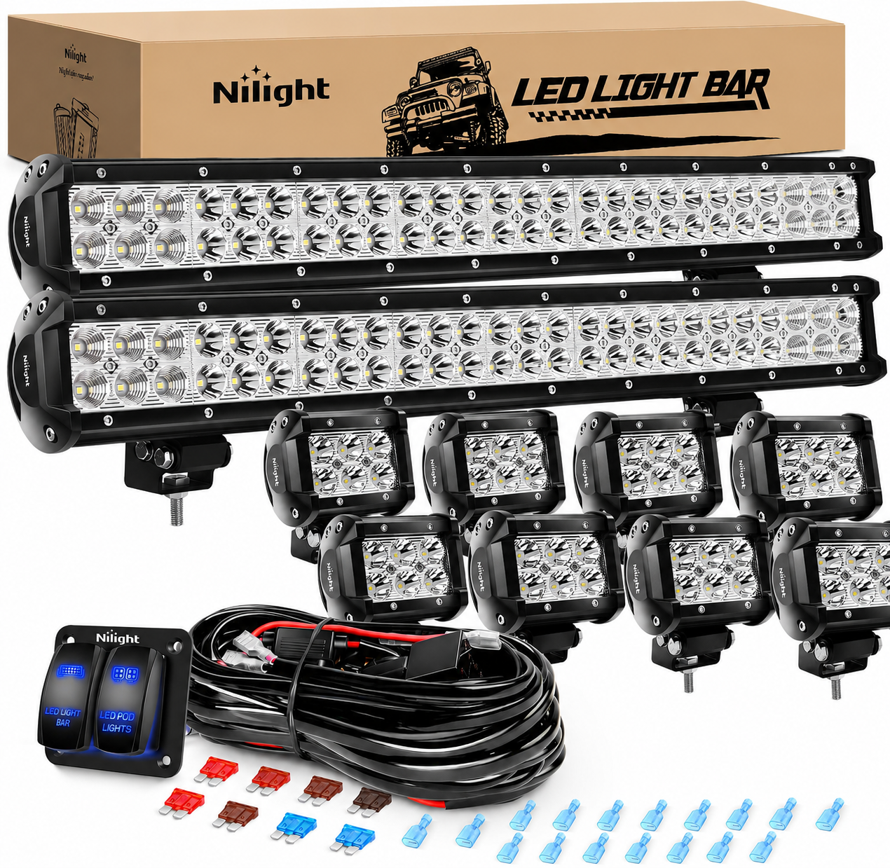 🚀MEGA SALE💡Nilight 20Inch 126W Spot Flood Combo LED Light Bar & 18w Pods Multi-Style Kit for Offroad SUV, ATV & Boat 🚙