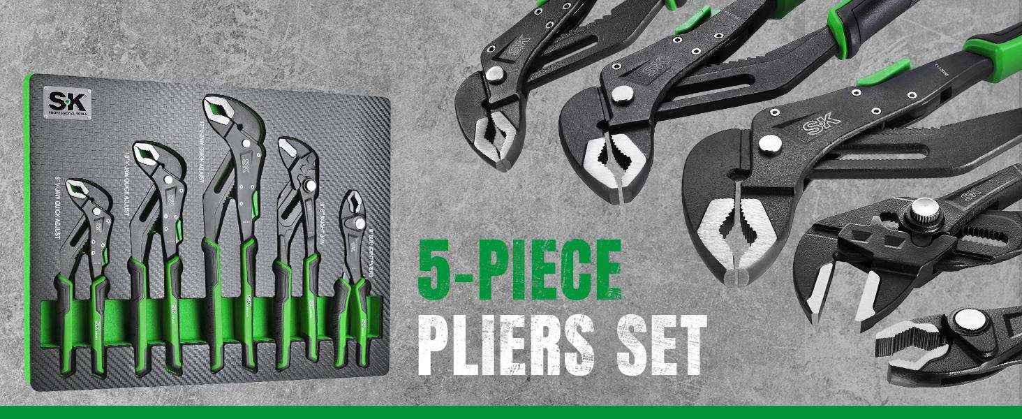 #backtoschool SK 5-Pack Pliers Set, 8" Adjustable Joint Plier, 8", 10" and 12" Quick Adjust V-Jaw Groove Joint Pliers, 10" Plier Wrench, Premium CR-V Construction, with EVA Foam Tool Organizer #backtoschool SK 5-Pack Pliers Set, 8" Adjustable Joint Plier, 8", 10" and 12" Quick Adjust V-Jaw Groove Joint Pliers, 10" Plier Wrench, Premium CR-V Construction, with EVA Foam Tool Organizer