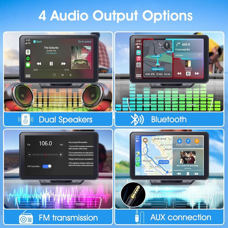 PASLDA 7" Portable Wireless Carplay Screen for Car | Plug & Play Android Auto Car Stereo with Waterproof Backup Camera