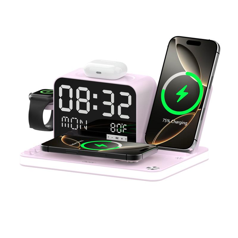 Acer 7-in-1 Wireless Charging Station with Alarm Clock & Bluetooth Time Sync, 15W Fast MagSafe Magnetic Charging Stand for iPhone, Apple Watch, AirPods, Bedside Night Light Dock for Android, Gift
