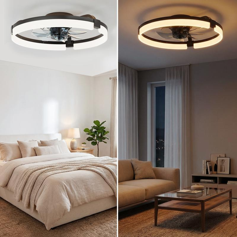 Modern Low Profile Ceiling Fan with Light | Smart Bladeless Flush Mount Fandelier with Remote & App Control