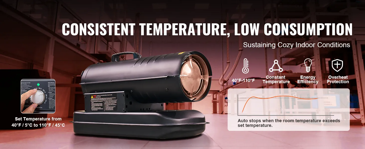 VEVOR kerosene heater in a factory setting, with controls for setting temperature between 40&deg;f to 110&deg;f.