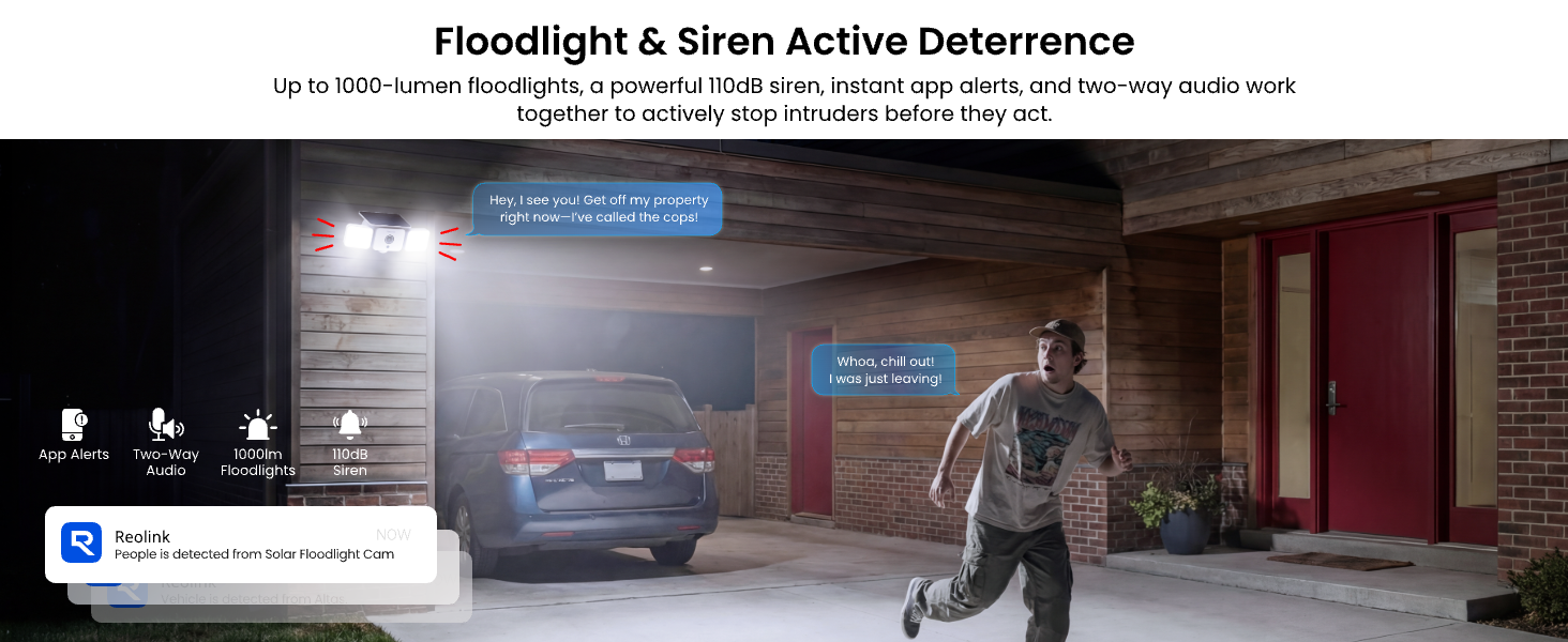 smart intelligent talk through cameras push notification flood light  siren for deterrence