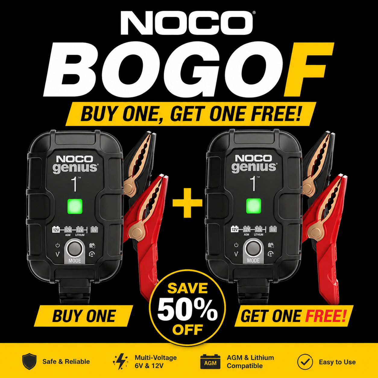 NOCO GENIUS1 1A Smart Battery Charger, 6V and 12V, Battery Maintainer, Trickle Charger and Desulfator