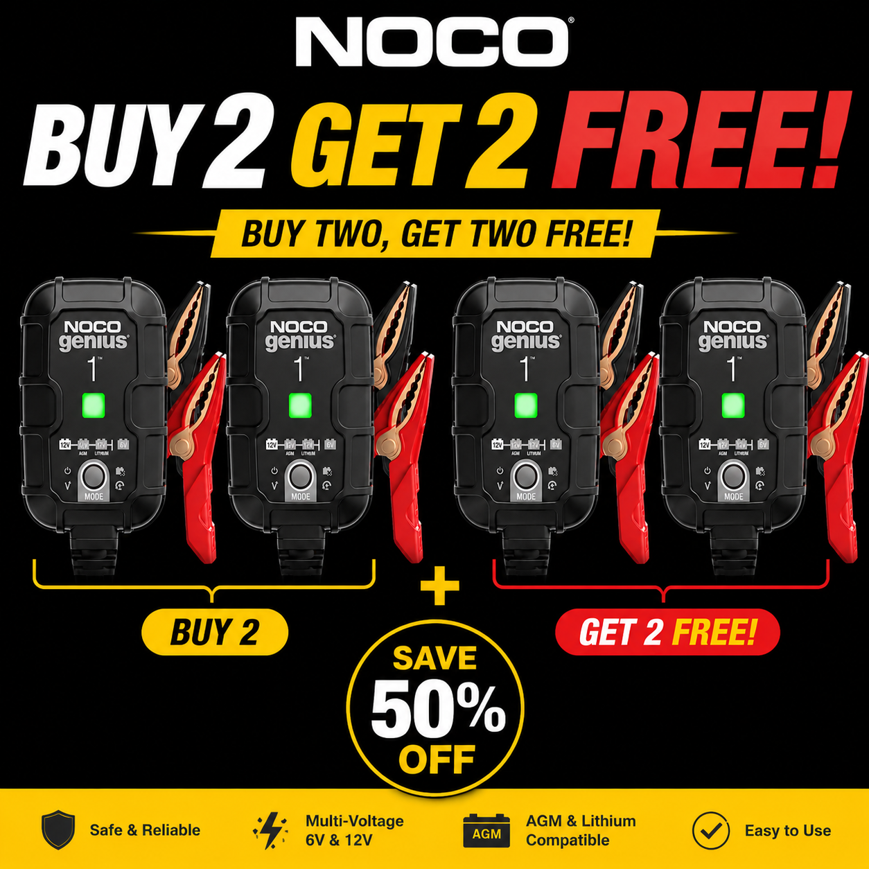 NOCO GENIUS1 1A Smart Battery Charger, 6V and 12V, Battery Maintainer, Trickle Charger and Desulfator