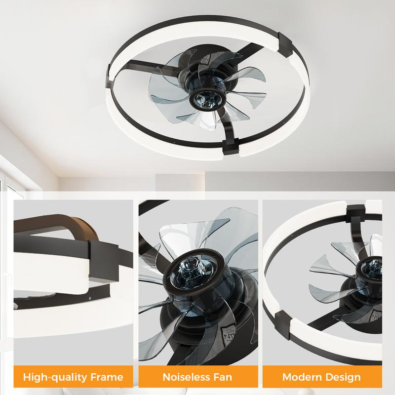 Modern Low Profile Ceiling Fan with Light | Smart Bladeless Flush Mount Fandelier with Remote & App Control