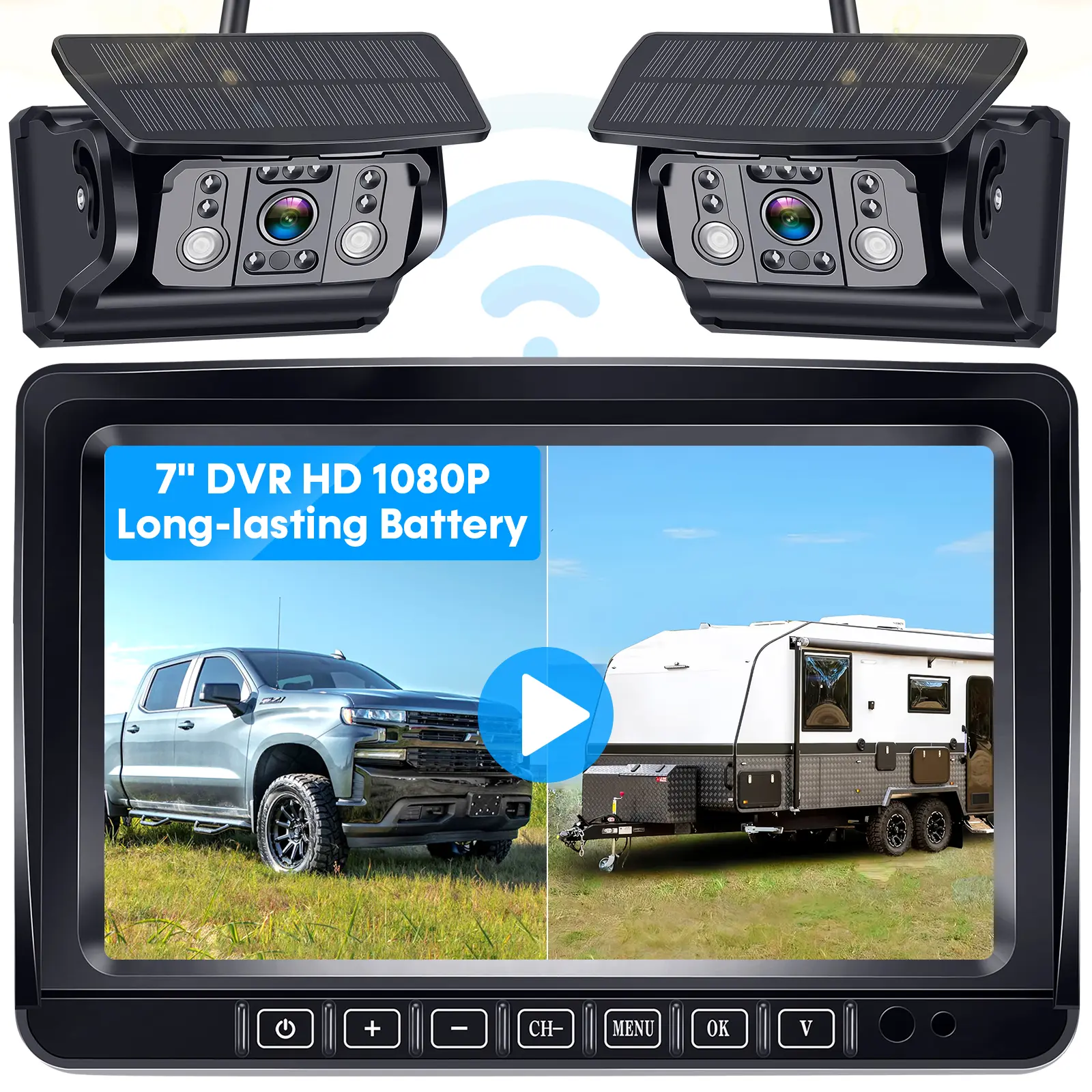 Dual RV Wireless Backup Camera for Trailer,Solar RV Rear View Camera with 7-inch Recording Monitor