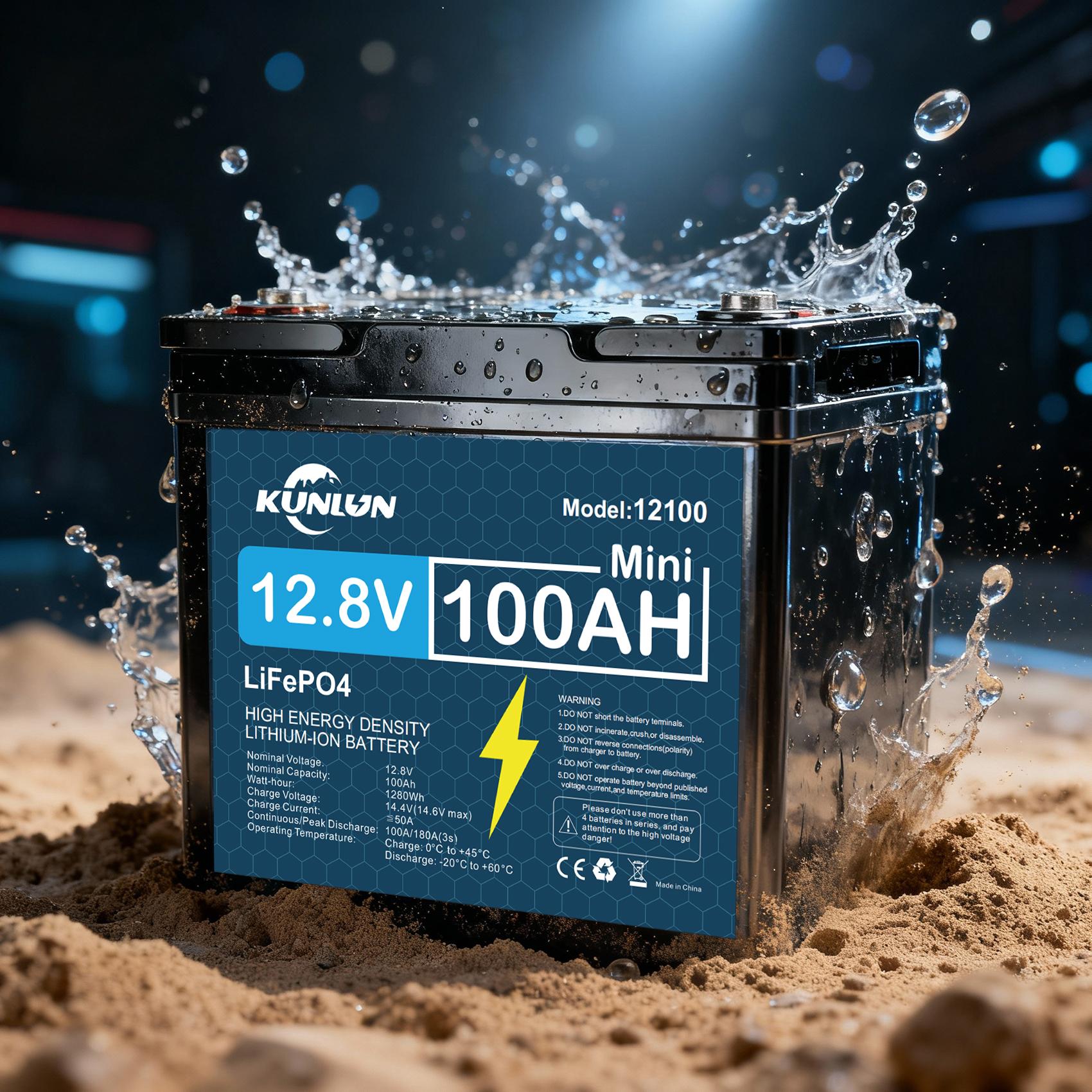 KUNLUN 12V 100Ah LiFePO4 High Capacity Battery Model 12100 - 100A Smart BMS, 5000+ Cycles, 1280Wh Energy, Maintenance-Free Rechargeable Off Grid Supplies for RV, Outdoor Emergency Use & Portable Power Station Accessory