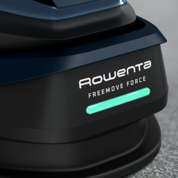 Close-up of the Rowenta Freemove cordless base with light on, indicating the iron is ready for use and fully charged.