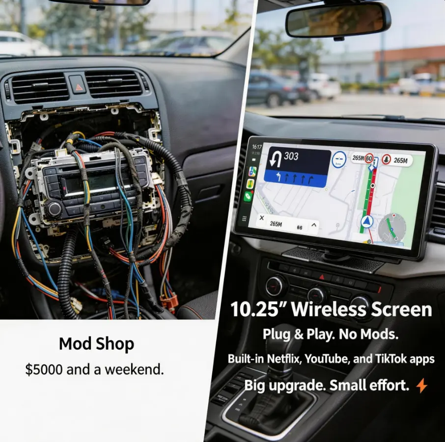 10.25"Wireless CarPlay Screen Watch Youtube/Netflix/ While Parked Auto-Connect, iPhone 8–15+ & Android 11+ Any Car Upgrade