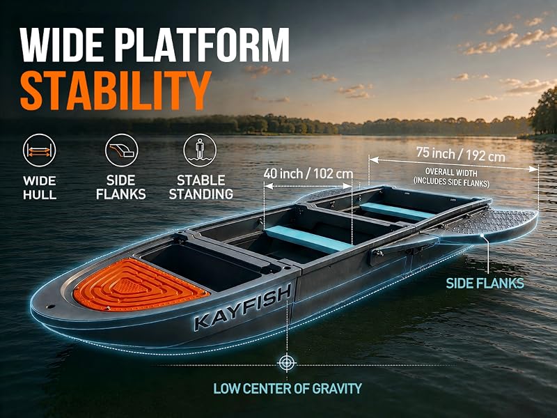 Modular fishing boat with side flanks floating on calm water.