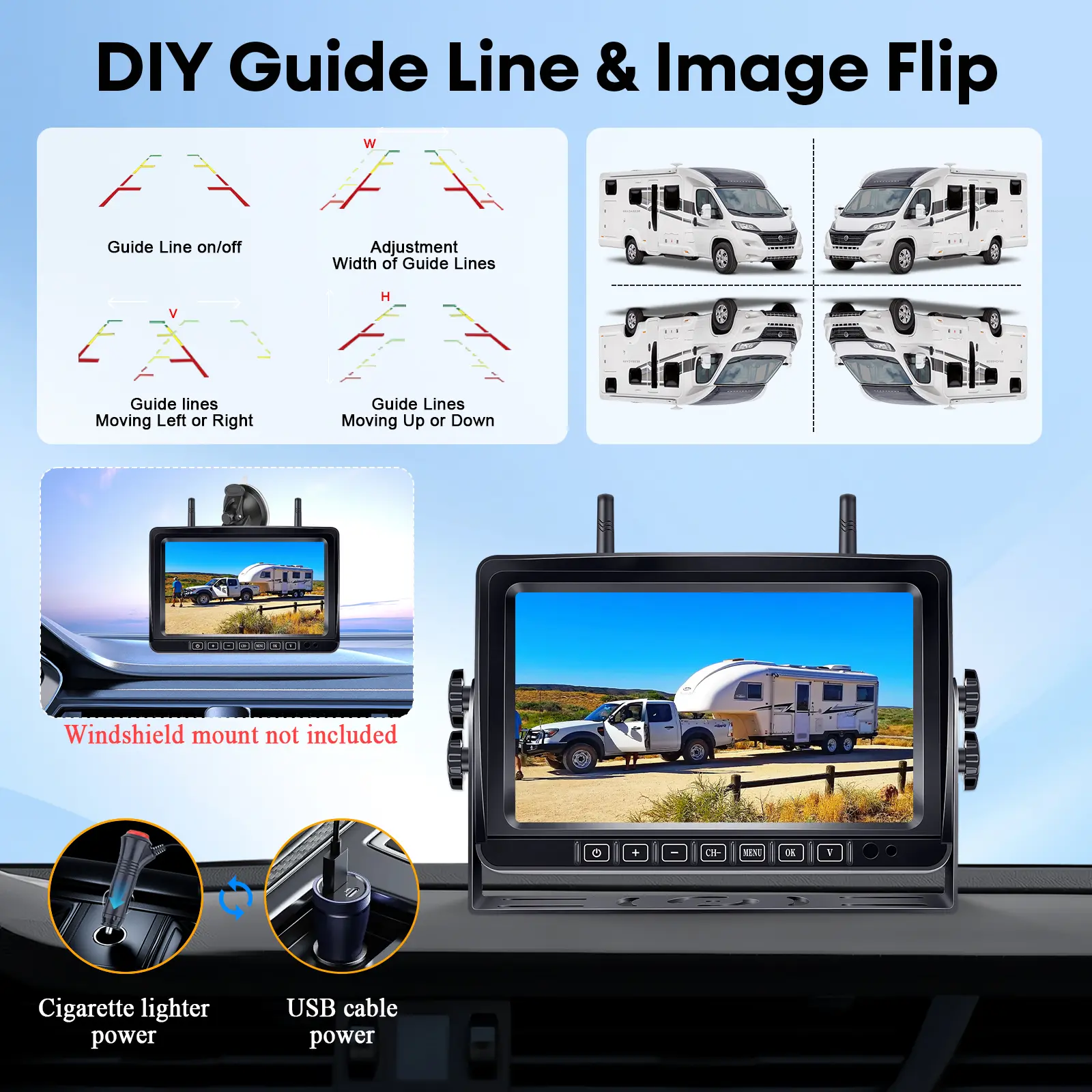 Dual RV Wireless Backup Camera for Trailer,Solar RV Rear View Camera with 7-inch Recording Monitor