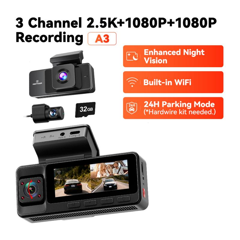 REDTIGER A3 3 Channel Dash Cam Front Rear and Inside, 2.5K+1080P Triple Car Camera with WiFi, 32GB Card, IR Night Vision & 24H Parking Mode