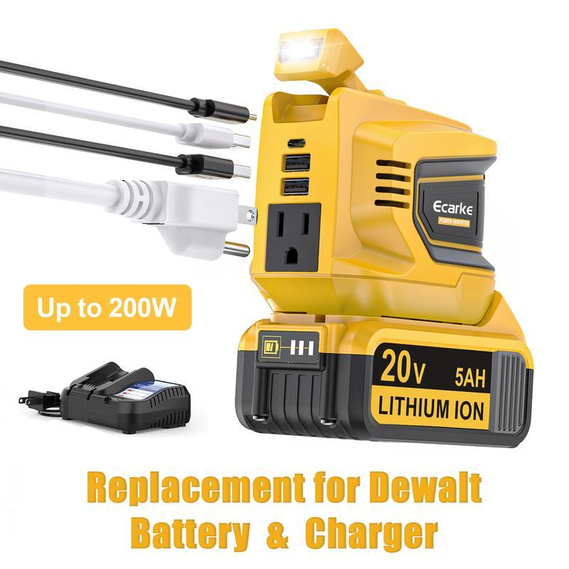 🔥HOT SALE！200W Power Inverter for Dewalt 20V Battery, Portable Power Station Generator with USB-C, AC Outlet & LED Light