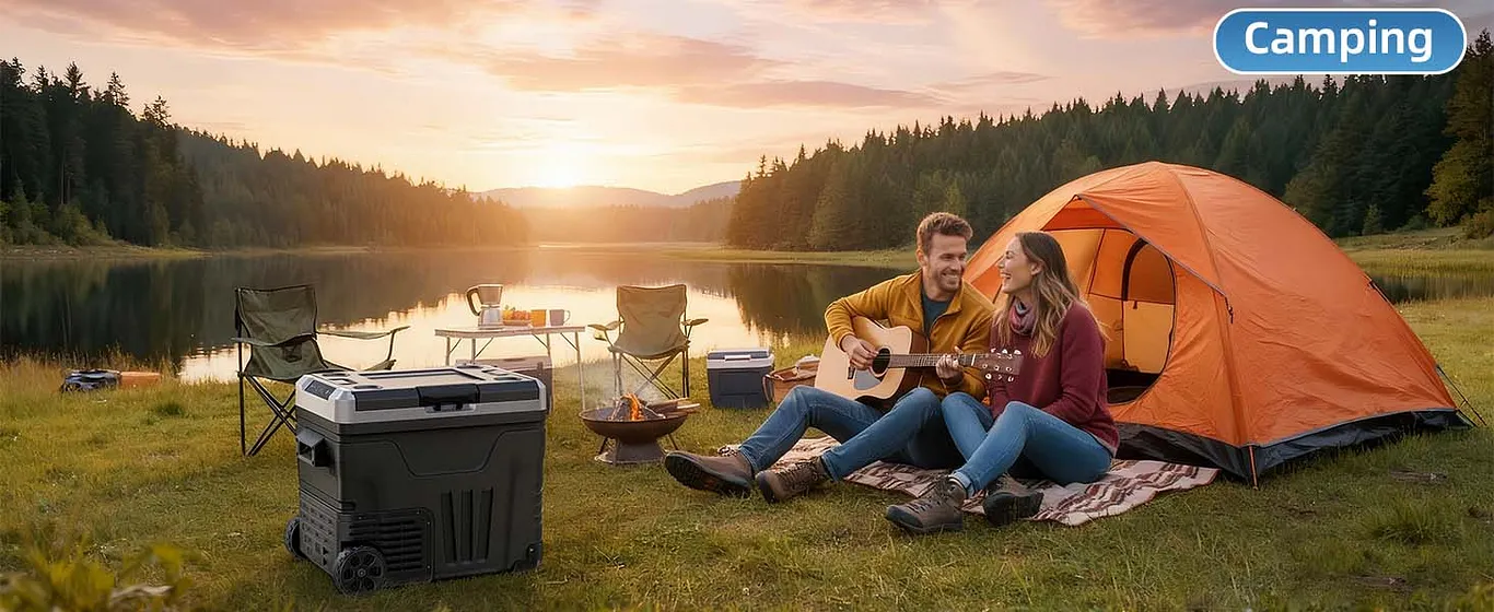 The EUHOMY 12V car refrigerator (24/37/53 quarts/23 liters/35 liters/50 liters) supports 12V/24V DC and 110-240V AC. Portable design, temperature range -4&deg;F to 68&deg;F, equipped with wheels, two storage baskets, and a large-capacity cooling compartment. Ideal for RVs, travel, trucks, and boats.