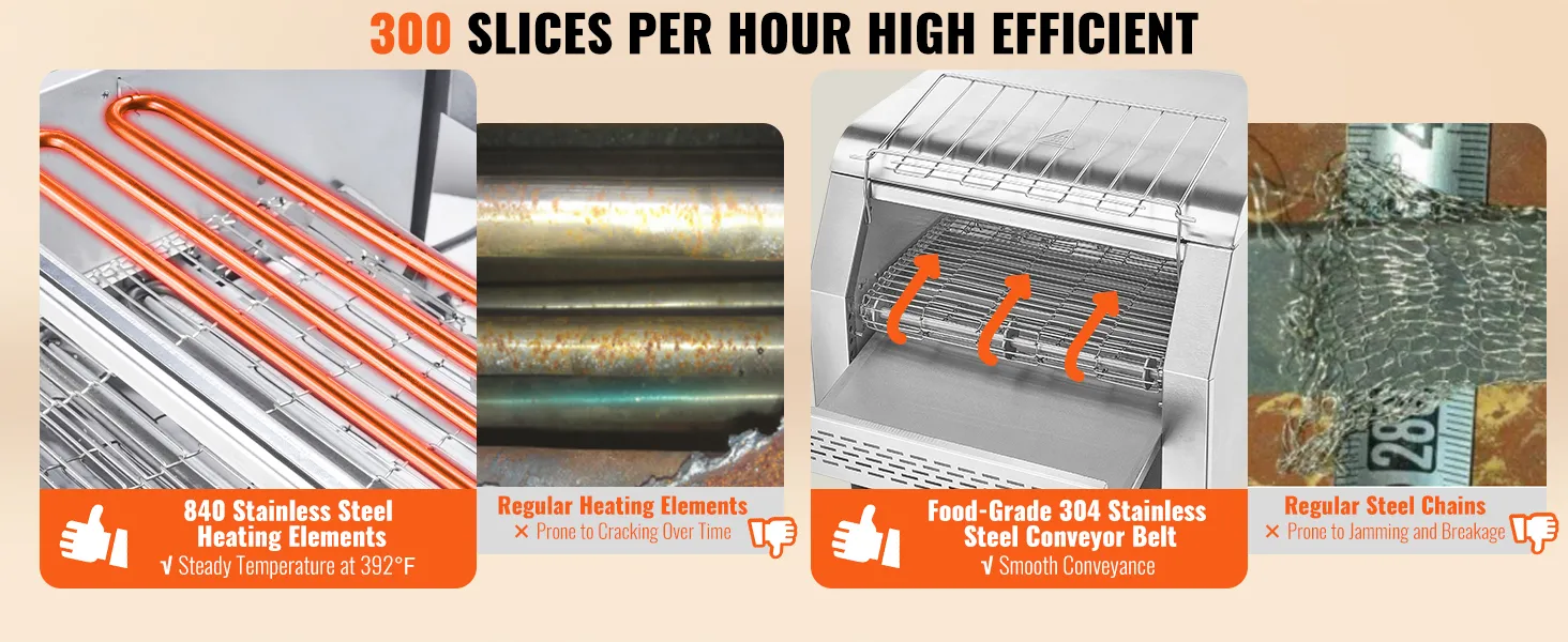 VEVOR commercial conveyor toaster, 300 slices/hour, 840 stainless steel heating, food-grade 304 belt.